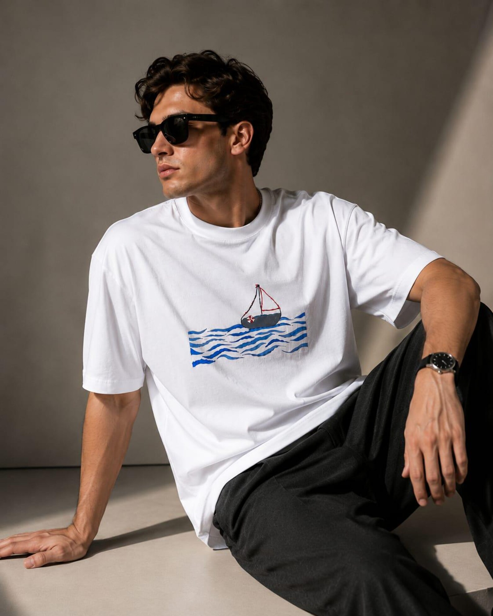 Hand Painted & Hand Stitched Sailboat T-Shirt | Coastal Nautical Graphic Tee | Artisan Ocean Waves Shirt| Handmade Wearable Art